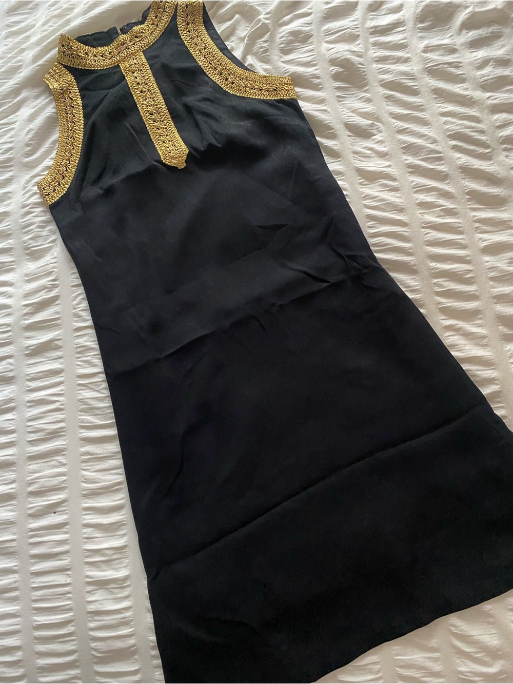 Black Mini Dress with Gold Trim - Sleeveless Elegant Style